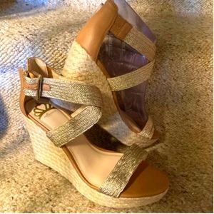 NWOT Fergalicious Gold Strap Wedge Sandals size 10